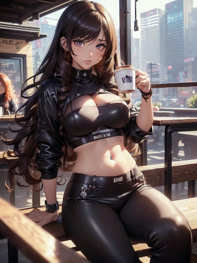 (masterpiece, detailed shadow's, detailed background, detailed background, best quality, expressive eyes, perfect face), (((gyaru, drinking coffee)), (( long curly hair, underboob,)), (wearing techwear clothes, tech wear fashion, techwear trouser, cyberpunk), ((pierced belly Button)), little tan, ((in crowded cafe)), drinking coffee,