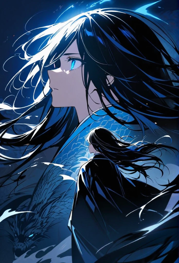 Japanese。male。Sharp Eye。Very long black hair。profile。Plain blue kimono(Dressed in kimono)。A strong wind blows my hair back。Cover your eyes with hair。The background is blue light。Stand up straight。Oriental dragon glowing blue background。thunder。An illustration。picture。