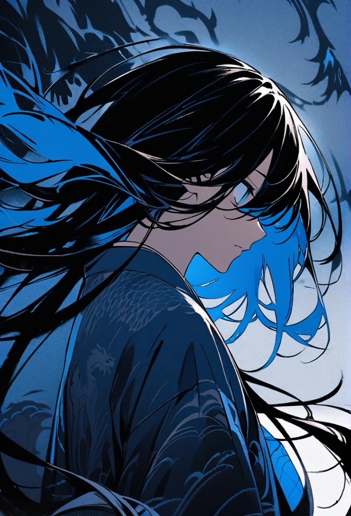 Japanese。male。Sharp Eye。Very long black hair。profile。Plain blue kimono(Dressed in kimono)。A strong wind blows my hair back。Cover your eyes with hair。The background is blue light。Stand up straight。Oriental dragon glowing blue background。thunder。An illustration。picture。