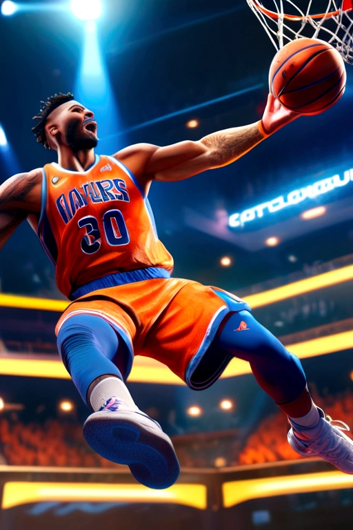 1 giant basketball player dunking,epic cinematic poster,dramatic lighting,cinematic composition,hyperrealistic,chiaroscuro lighting,detailed face and physique,powerful action pose,intense motion blur,studio lighting,vibrant blue and orange color scheme,dramatic shadows,cinematic camera angle,Rockstar Games inspired,masterful digital painting,photorealistic,hyper detailed,4k, (best quality,4k,8k,highres,masterpiece:1.2),ultra-detailed,(realistic,photorealistic,photo-realistic:1.37)