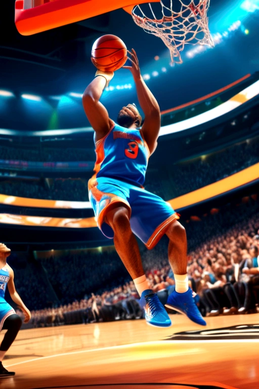 1 giant basketball player dunking,epic cinematic poster,dramatic lighting,cinematic composition,hyperrealistic,chiaroscuro lighting,detailed face and physique,powerful action pose,intense motion blur,studio lighting,vibrant blue and orange color scheme,dramatic shadows,cinematic camera angle,Rockstar Games inspired,masterful digital painting,photorealistic,hyper detailed,4k, (best quality,4k,8k,highres,masterpiece:1.2),ultra-detailed,(realistic,photorealistic,photo-realistic:1.37)