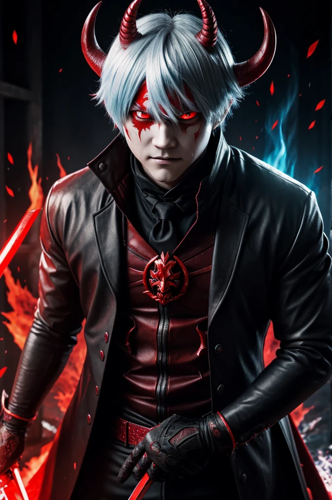 a man with horns and horns on his head holding a knife, handsome japanese demon boy, with red glowing eyes, with glowing red eyes, demon boy, his eyes are red and glowing, beautiful male god of death, kaneki ken, tall anime guy with blue eyes, gapmoe yandere grimdark, his eyes are bleeding intense, ken kaneki