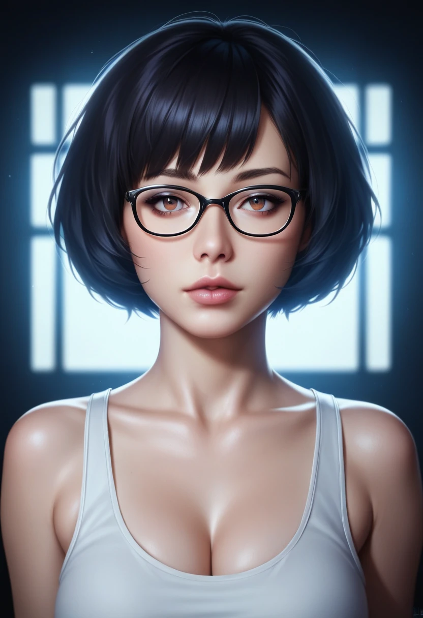 (RAW photo, best quality), (realistic, photo-realistic:1.2), 1girl, high quality, (high detailed skin:1.4), Tank top, puffy eyes, glasses, gorgeous hair, (dark room:1.3), (rim lighting:1.3), (dimly lit:1.3), (dark night:1.3), indoors, portrait, black hair, dark background, short hair,