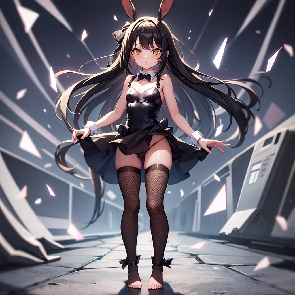 ((Bunny girl)),Dropped ears,(Fishnet tights),(barefoot),Cute little ,Tiny ,Small girl,,Childish face, Very fine clean face,Top quality,Black Hair,(Dark Room), Subtle light, Natural light,Soft lighting,Light from directly behind, (Are standing),With bust up,Front view,Black background