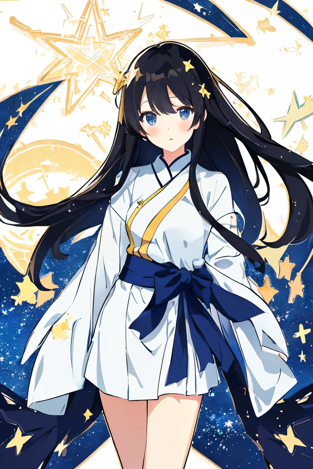 best quality, masterpiece, (独奏:1.2), (1 Female:1.2)、Age 25、Larger breasts、(Slender figure)、(Tanabata Orihime)、(White highlight in pupil:1.2)、Dark blue eyes、(Black-haired:1.2)、Straight bangs、(Long Hair)、(View your viewers:1.2)、White skin、(blush)、(Lively expressions)、(I blur the background a lot to make the woman stand out.:1.3)、(abstract style background:1.2)、(Wind-feeling background)、(Tanabata-like background:1.2)、(Bamboo)、(Night starry sky:1.3)