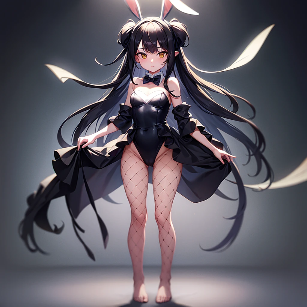 ((Bunny girl)),Dropped ears,(Fishnet tights),(barefoot),Cute little ,Tiny ,Small girl,,ish face, Very fine clean face,Top quality,Black Hair,(Dark Room), Subtle light, Natural light,Soft lighting,Light from directly behind, (Are standing),With bust up,Front view,Black background