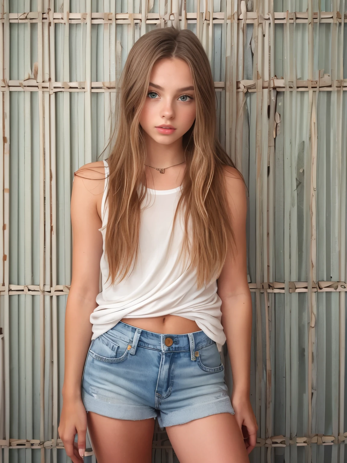 (tween Fashion model), at a photography studio, full body, pale white girl, blueeyes, super long hair, waist length hair, skinny, thin, slim, lean, slender, nubile, posing for picture, natural lighting, armpits, perfect lips, symmetrical face, young, youthful, teen, teenager, heavy makeup, red lips, tight tank top, tiny jean shorts