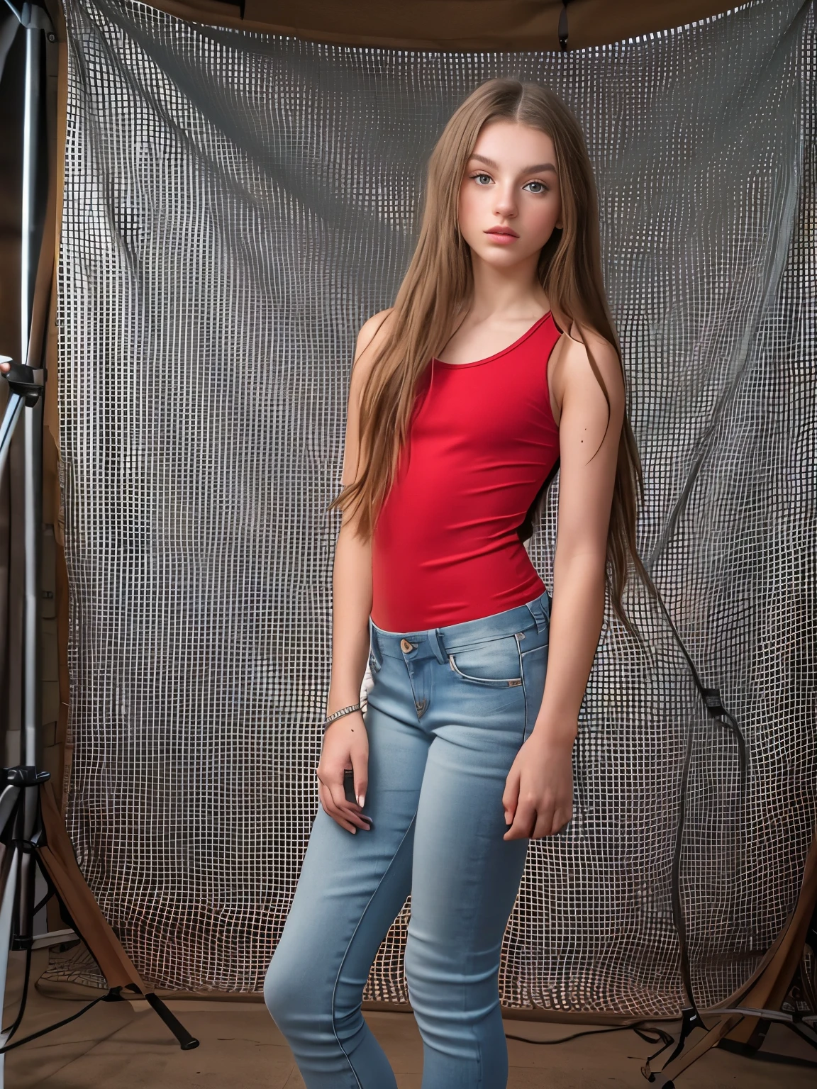 (tween Fashion model), at a photography studio, full body, pale white girl, blueeyes, super long hair, waist length hair, skinny, thin, slim, lean, slender, nubile, posing for picture, natural lighting, armpits, perfect lips, symmetrical face, young, youthful, teen, teenager, heavy makeup, red lips, tight tank top, tiny jean shorts