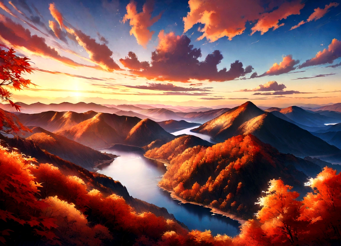 Sunset、autumn leaves、Great view、Photo quality、beautiful、mountains、Genuine、detailed、color、High resolution、超detailed