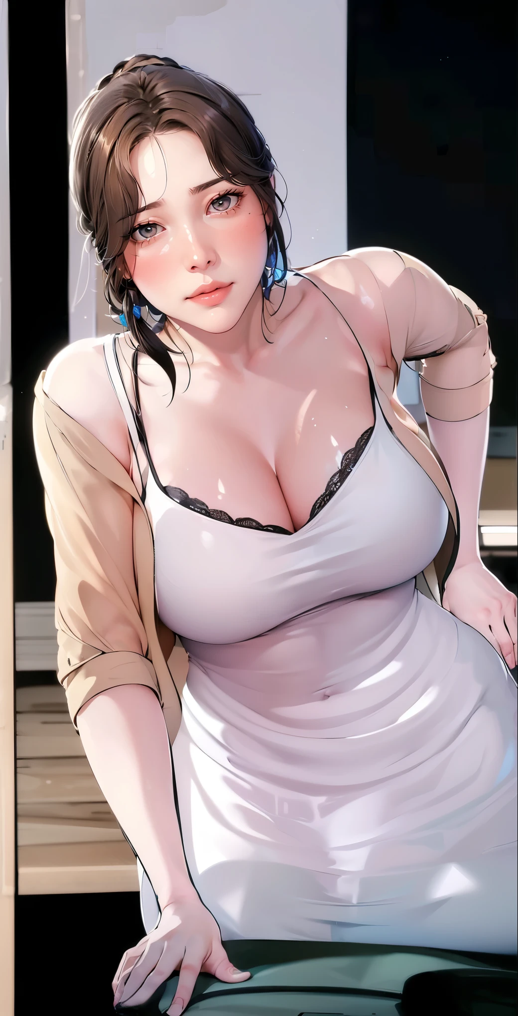 （（（Perfect figure，figure，solo， White and tender skin，（（（cyberpunk，blue dress,bare shoulders, clothing cutout, sleeveless dress,））），（（（brown eyes, braid, long hair, braided ponytail, single braid,  hair over shoulder, bangs, blush, lipasterpiece)),high resolution, ((Best quality at best))，masterpiece，quality，Best quality，（（（ Exquisite facial features，Looking at the audience,There is light in the eyes，(（（Smile，confidence））），型figure:1.7））），（（（Light and shadow，Huge breasts））），（（（Looking at the camera，black background，)）））