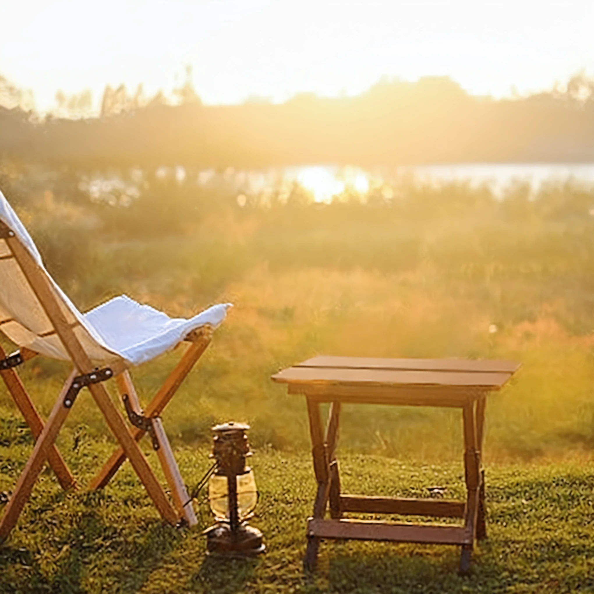 There is a chair and a table on the grass by the water, Summer environment, Summer lake view, Week setting, Summer Afternoon, relaxing environment, Relaxed atmosphere, Prime hour in the morning, Peaceful environment, Sunny morning, summer morning light, Warm and beautiful scene, Sunny atmosphere, sunny morning light, afternoon hangout, Outdoor Environment, sunny environment, Peaceful atmosphere, Golden hour sunlight