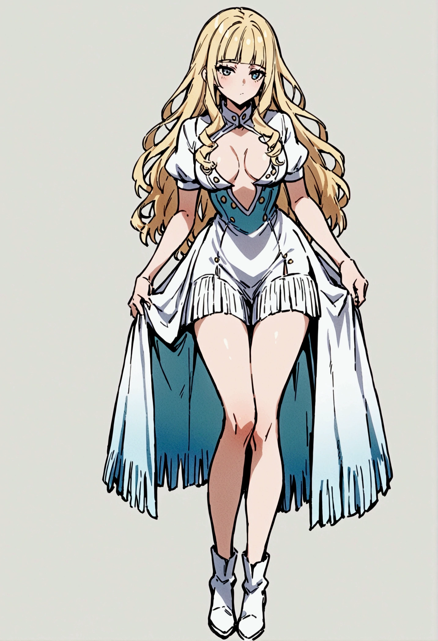 fullbody,masterpiece,standing,adult,1girl,solo,white background,standing straight, curls,blonde long hair,fringe bangs,white boots,light blue knee length frilled dress,flared skirt,short puffy sleeves,