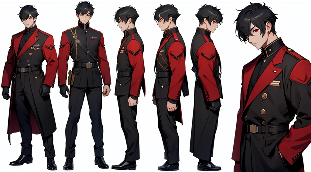 Character design sheet、boy、Smart black military uniform、Short Hair、Detailed face、Red Eyes