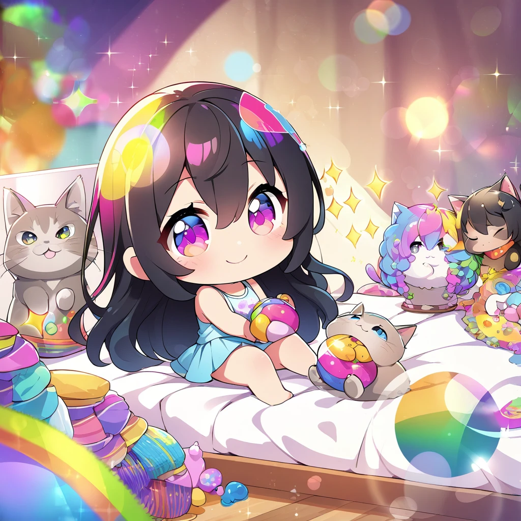 masterpiece, best quality, 4k、2D illustration、one beautiful girl、solo、(((chibi style)))、((vivid colors))、((cute chibi))、lovely chibi、((night)), ((window)), ((starry sky)), ((long beautiful hair)), glossy brown hair, hair between eyes, cute、closed eyes、((camisole dress)), ((miniskirt))、((colorful))、((smile))、lying in bed、((full body shot))、((kitten)), ((lots of colorful stuff around))、((bed))、sparkle、((lens flare))、