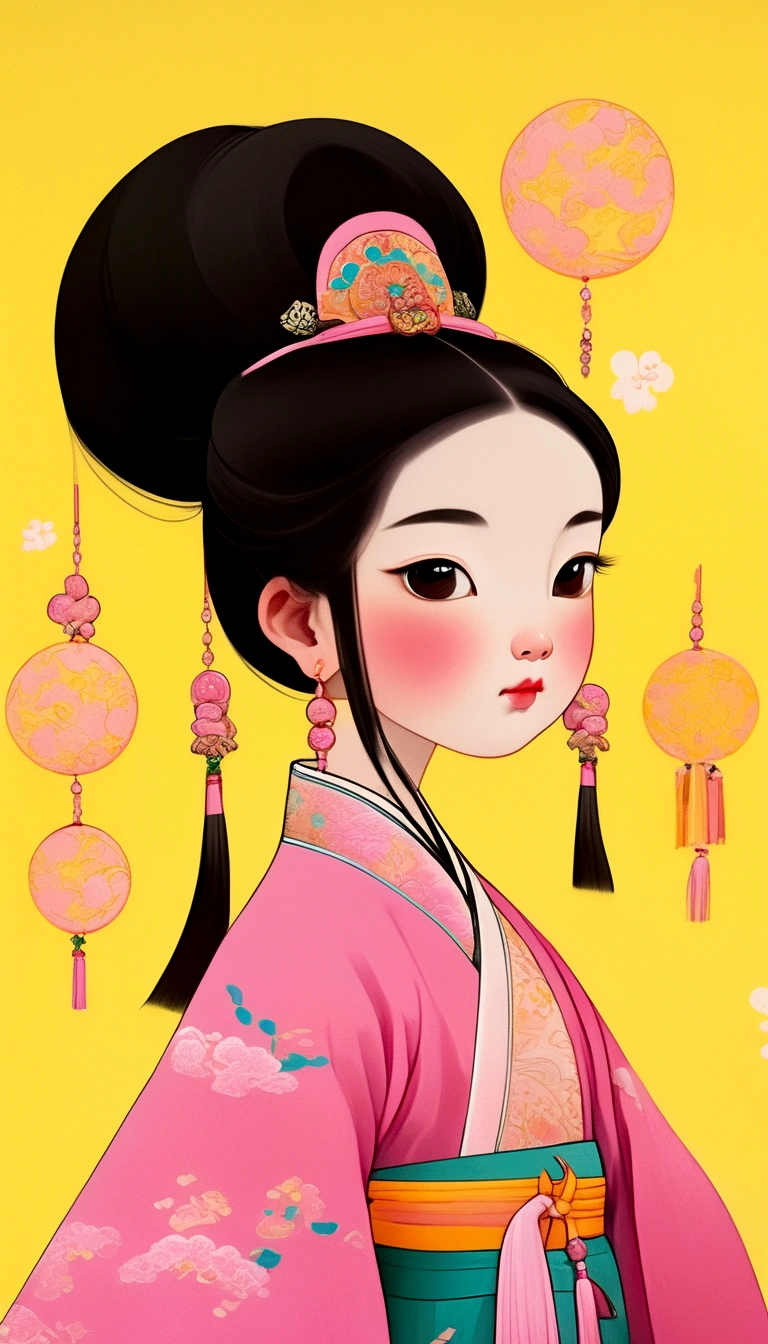 a gongbi painting of a 5  black long hair Chinese Qing Dynasty girl wears pink hanfu, tangled jewelry, round face, extremely minimalism portrait, geometric shapes, matte light yellow background, in the style of crisp neo-pop illustrations, animated gifs, dolly kei, cartoon-like characters, close-up, head view, bold, cartoonish lithographs