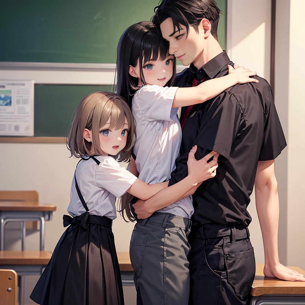 Highest quality,Highest quality,A female  teacher in her 20s and a 6-year-old boy、Tighng sk、The teacher hugs the boy from behind.、Put your hand in your crotch