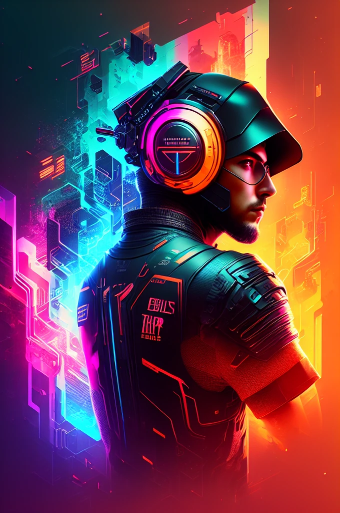 BTS t-shirt designs, 3D t-shirt art, cyber punk, epic illustration, realisitic, 3d illustration, black backdrop, very colorful, modern colors full gradients, focused, from front view