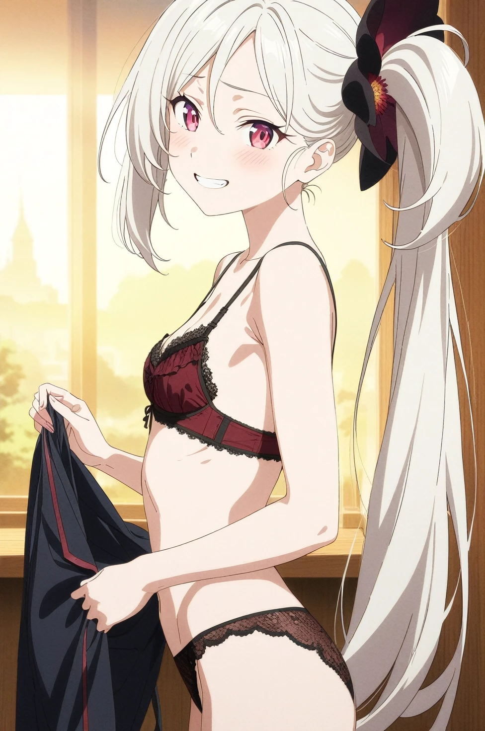 best quality, amazing quality, very aesthetic, absurdres, (1girl, mutsuki, blue archive, solo, red eyes, white hair, side ponytail), (realistic face:0.9),(lace-trimmed bra:1.8),dress lift, (grin, blush, thigh:1.3), (cowboy shot), (glistening eyes), (from side:2), (official art:1.3), (panties around one leg), expressive eyes, perfect face, extremely detailed eyes, perfect anatomy, light rays, extremely delicate body, smooth skin, (anime background:1.5), clear eyes, beautiful face, small breasts,(anime style:1.7), (Warm Light:1.5), (highres:2),