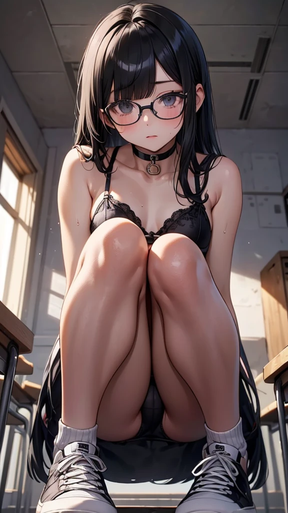 summer、An empty school classroom、thick、Sweat、、high school girl、Student Bags、、Low length、(((((Eyes hidden by long bangs)))))、(((Long black hair:1.2　hair band)))(((Black-rimmed glasses:1.2　black eye)))、Backlight、evening、Nostalgic atmosphere、Look at this、glamorous、Sexy Lingerie、Sexy underwear、sneakers、Beautiful Abs、Small breasts、See-through underwear、Mysterious、avert your eyes、Sit with your knees bent