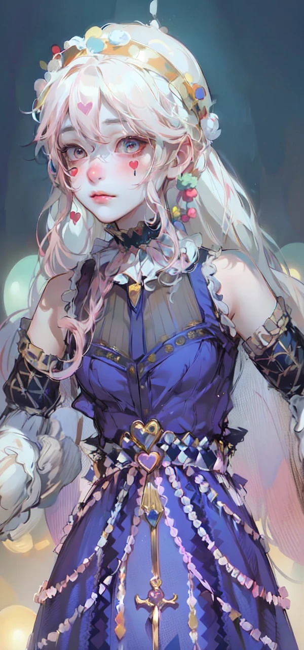 HDR,UHD,8K, best quality, masterpiece, Highly detailed, Studio lighting, physically-based rendering, 1girl, solo,
a clown. colorful, clown hat and flowers, clown costume, gloves, heart drawing on face, light pink hair,(sad), white face, wavy hair, long hair, 2 ponytail,
(upper body) full body,