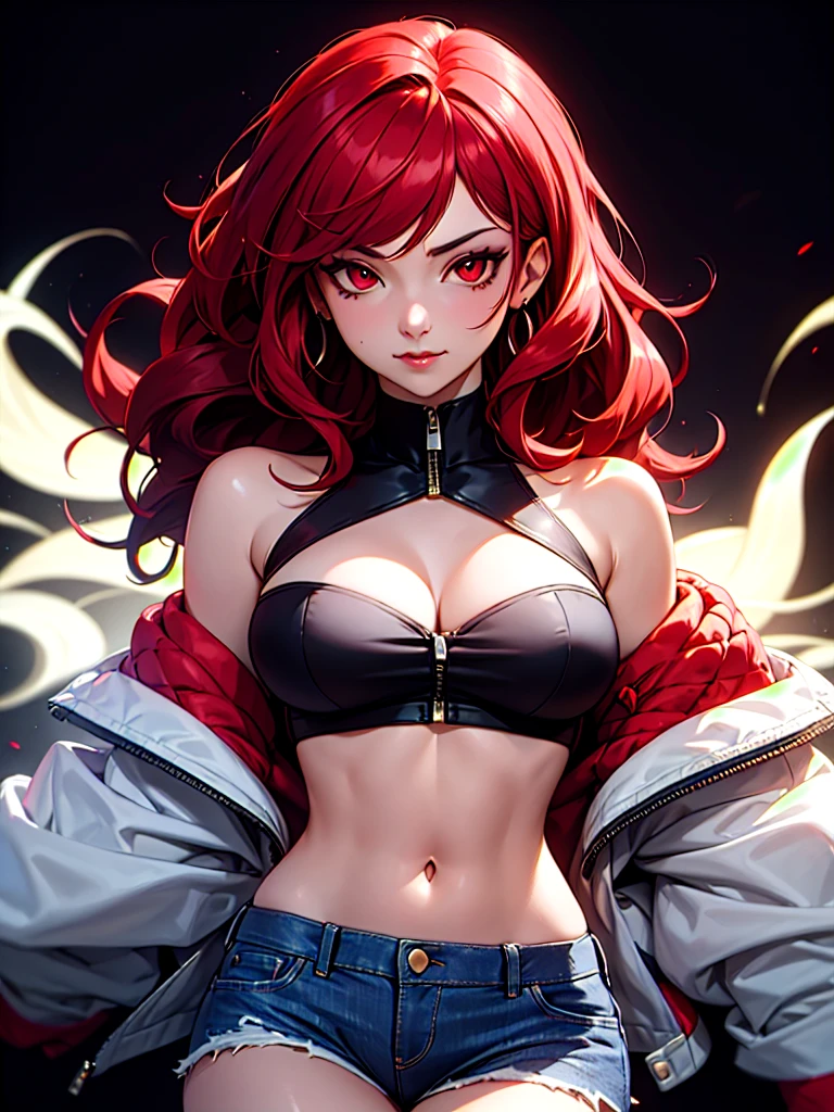 ((Portrait)), She has a Confident and Playful Appearance, with a Voluptuous Build and a Vibrant Aura. She Expresses a Seductive and Energetic Look, Giving Off a Charismatic and Spirited Attitude. She has Fiery Red Eyes, Her Hair is Long and Wavy, Jet Black with Red Tips, and Flowing Freely. She Wears a Trendy Off-Shoulder Crop Top with Denim Shorts. ((Portrait, HDR, Dark Background))