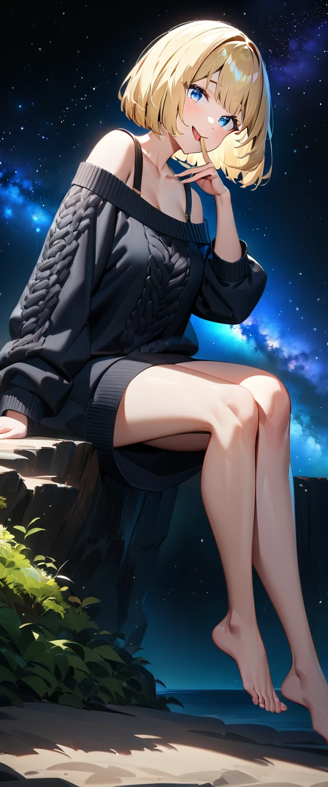((stick out tongue)), ((off-shoulder sweater:1.3, Quite thick shoulder straps)), ((black sweater)), ((Aran sweater)), (((bare legs))), ((((from side)))), ((Leaning to side)), (((a beautiful starry sky, the Milky Way shining beautifully in the night))), ((sitting on the very high cliff)), wavy hair, inward curled hair, sea, ((blond hair, bob cut:1.3)), breasts, teenager, (looking at viewer), oversized clothes, puffy long sleeves, collarbone, head tilt:1.3, (((blue eyes))), happy smile, (((anime style))), (best quality, 4K, 8K, highres, masterpiece:1.2, ultra-detailed, ultra-detailed eyes, HDR, uhd, studio lighting, ultra-fine painting, sharp focus, physically-based rendering, extreme detail description, professional, vivid colors, bokeh)