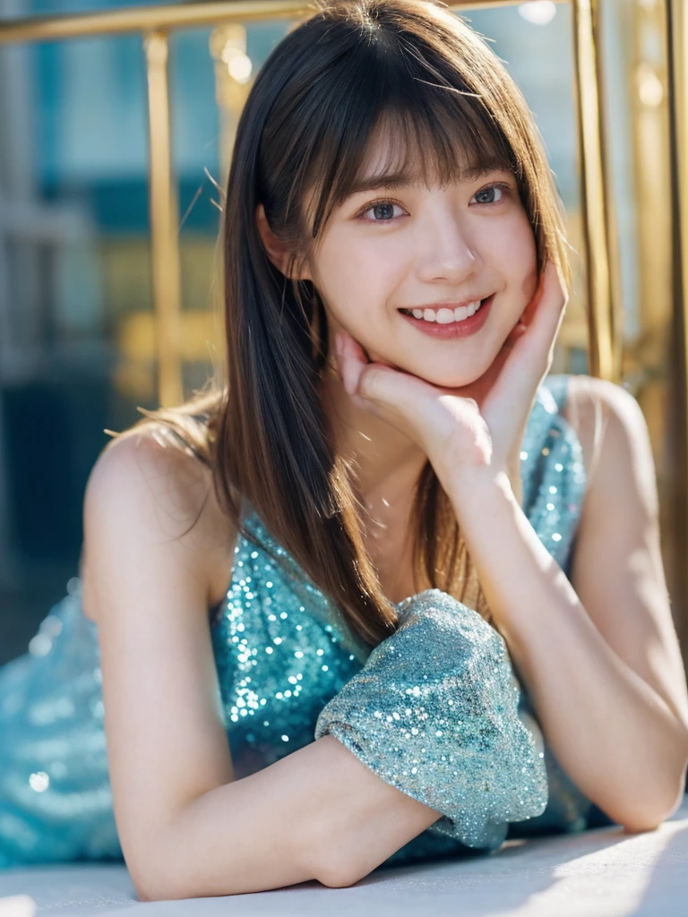 1girl,(wearing a blue glittery evening dress:1.2),(RAW photo, best quality), (realistic, photo-realistic:1.4), masterpiece, an extremely delicate and beautiful, extremely detailed, 2k wallpaper, Amazing, finely detail, extremely detailed CG unity 8k wallpaper, ultra-detailed, highres, soft light, beautiful detailed girl, extremely detailed eyes and face, beautiful detailed nose, beautiful detailed eyes,cinematic lighting,city lights at night,perfect anatomy,slender body,light smile,close up,(long hair with bangs)