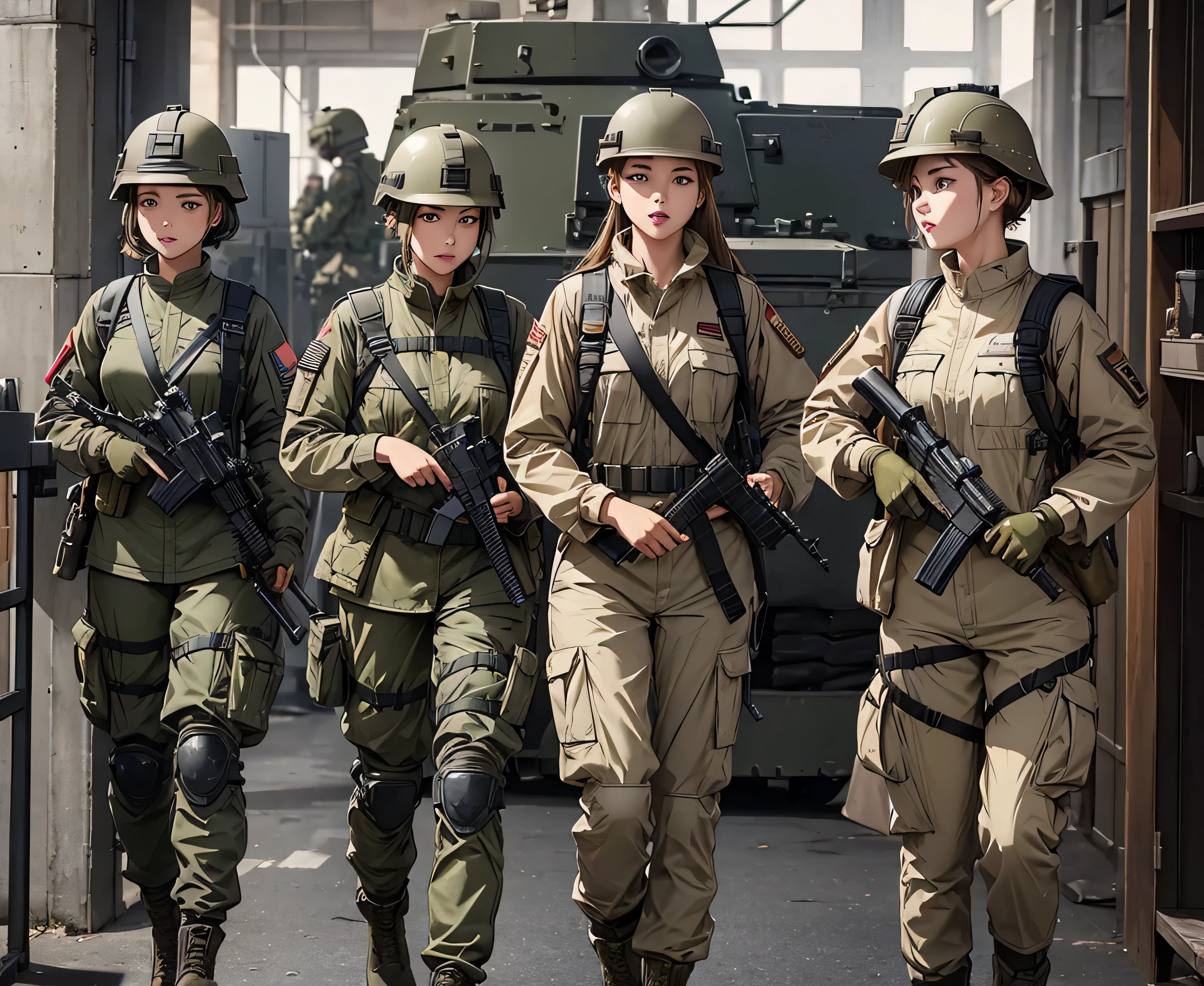 A group of female soldiers in beige jacket military uniforms、Wear a steel helmet、Military Pants、Magazine belt、Tactical harness、Knee pads、Alert with guns、Indoor Factory、Write details、masterpiece、best quality、Highly detailed CG、8K picture quality