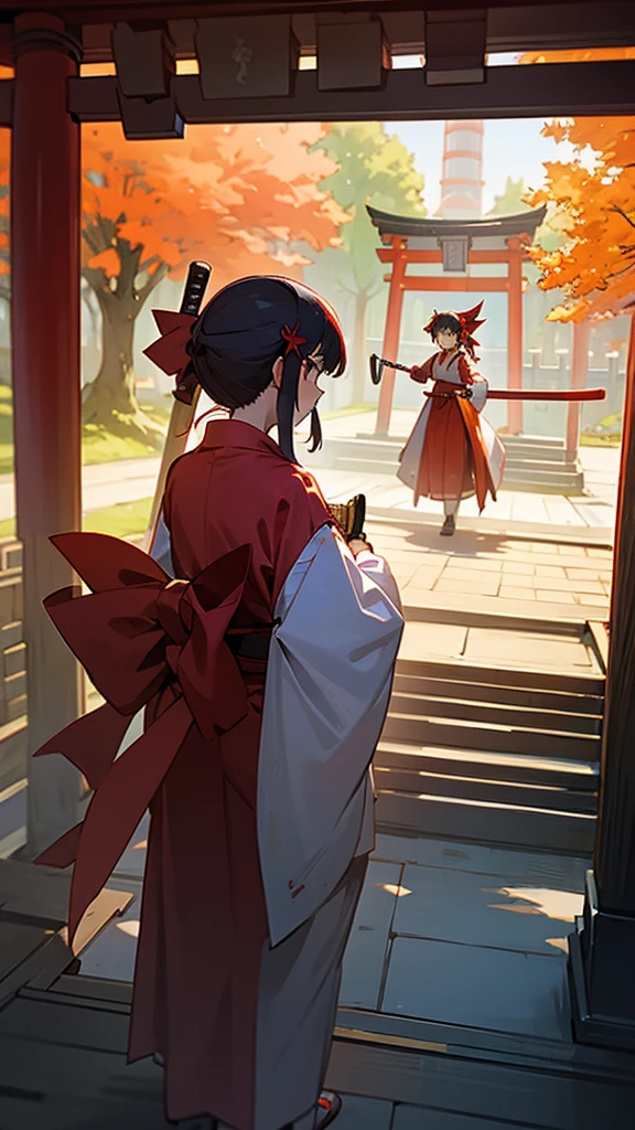 Shrine maiden and ninja duo girl and boy Japanese shrine sword and broom