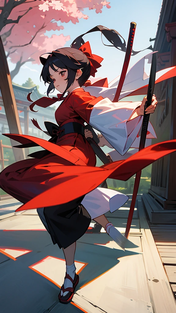 Shrine maiden and ninja duo girl and boy Japanese shrine sword and broom