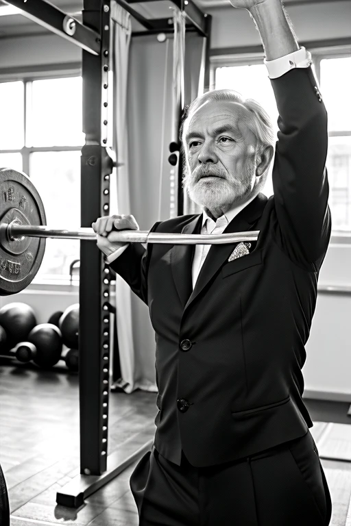 A old man , a black and white image of Mr. Perrie Barron De Coubertin, lifting a barbell overhead with weights on it , with a landscape background, .((best quality)) , (( masterpiece)) ((detailed)) make him wear a three piece suit , give him a white beard . Change the background to Olympics symbol. Give his face more details , make him wear a suit