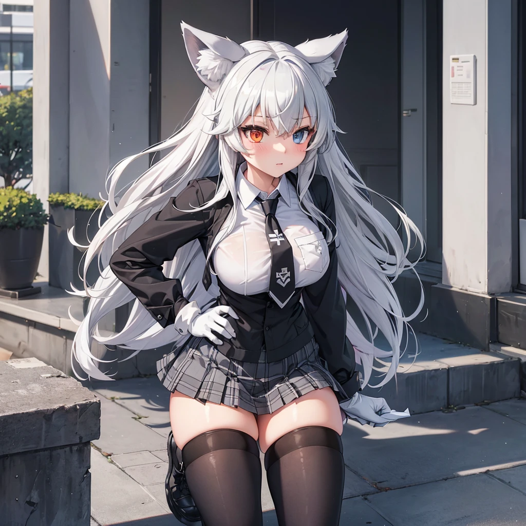 (((masterpiece))), 最high quality, Very detailed, blush, Cute and playful, Huge, leather jacket, Silver Hair, Fluffy Hairstyles, Elastic breasts, Heartwarming Eyes, Sweet expression, belly button, Dynamic and cute pose.masterpiece, high quality, 最high quality, beautiful, High resolution, Perfect lighting, Detailed face, Detailed body, 1 girl, alone, (Long white hair), Brown eyes, Medium chest, ((White underwear)), ((short gray skirt)), (Grey hat), In front of the cafe,Wolf Ears