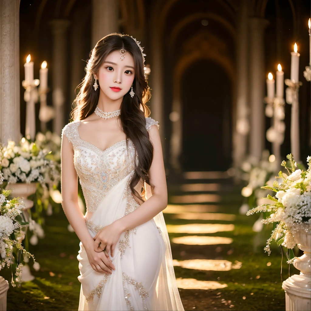 Generate an image of an extraordinarily beautiful 20-year-old Asian woman standing alone, whose beauty rivals that of a goddess of the fire element. She has large brown eyes, dark brown hair, glowing skin, and a captivating appearance. She is wearing a stunning white wedding dress that accentuates her elegance. The woman stands charmingly alone, her beauty appearing as if blessed by nature, in a very romantic and lovely aisle adorned with flowers and soft lighting, exuding a magical and serene atmosphere.