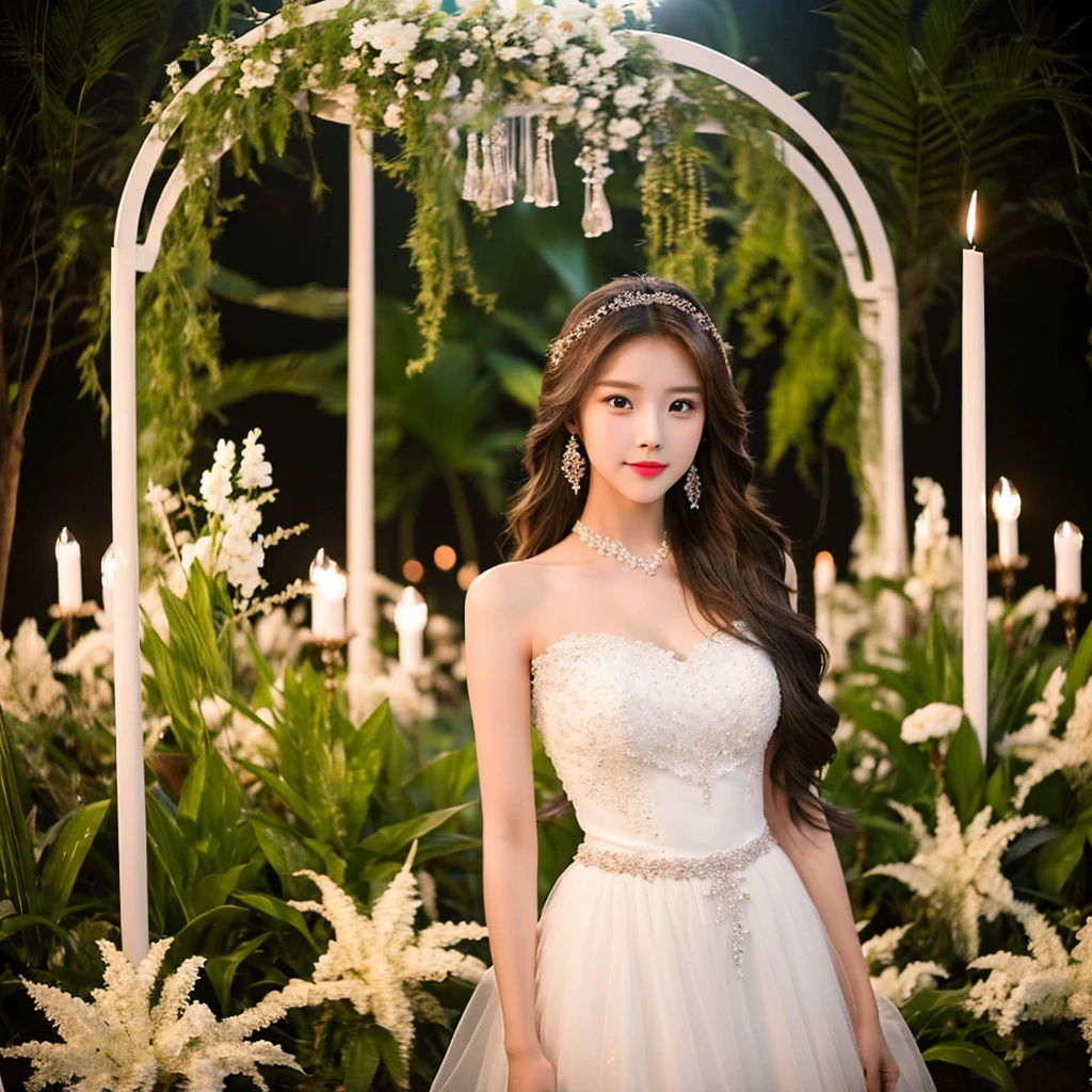 Generate an image of an extraordinarily beautiful 20-year-old Asian woman standing alone, whose beauty rivals that of a goddess of the fire element. She has large brown eyes, dark brown hair, glowing skin, and a captivating appearance. She is wearing a stunning white wedding dress that accentuates her elegance. The woman stands charmingly alone, her beauty appearing as if blessed by nature, in a very romantic and lovely aisle adorned with flowers and soft lighting, exuding a magical and serene atmosphere.