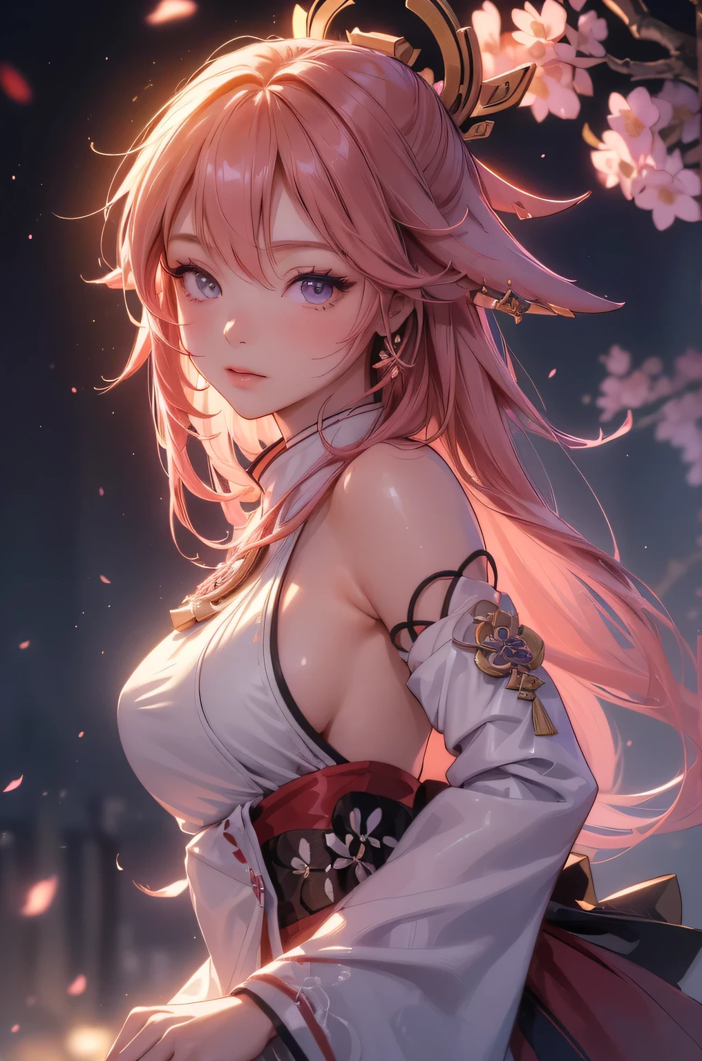 ((yaemikodef)):1.5, ((masterpiece,Highest quality,Highly detailed images,Beautiful images、Dutch Angle)), (In front of the cherry tree、Close-up image of yaemiko、Overall dim lighting、Backlight、Strong backlighting、Fantastic dark atmosphere、Thick Fog、Dust flutters),(Dynamic pose)1.2, sideboob