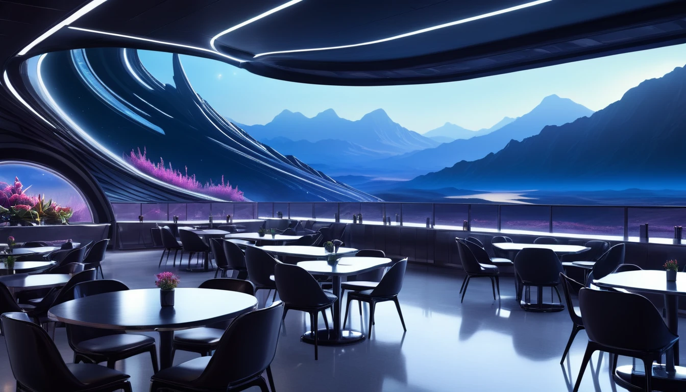 A spacious, empty cafeteria on a distant planet, featuring large windows that offer a breathtaking view of an alien landscape with distant mountains and strange flora at night. The cafeteria's futuristic design includes sleek, metallic tables and chairs, a serene atmosphere. Outside the windows is dark, hinting at the unique atmosphere of the planet.