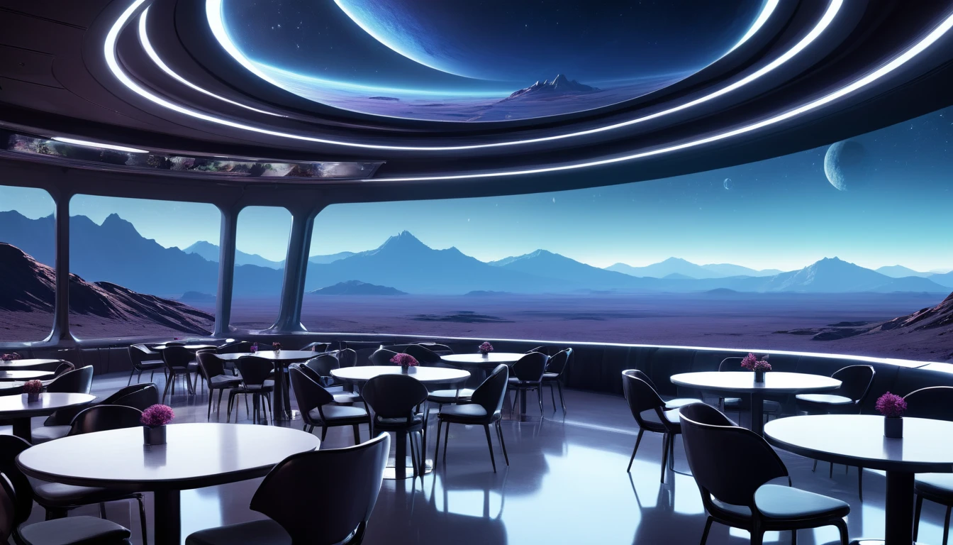 A spacious, empty cafeteria on a distant planet, featuring large windows that offer a breathtaking view of an alien landscape with distant mountains and strange flora at night. The cafeteria's futuristic design includes sleek, metallic tables and chairs, a serene atmosphere. Outside the windows is dark, hinting at the unique atmosphere of the planet.