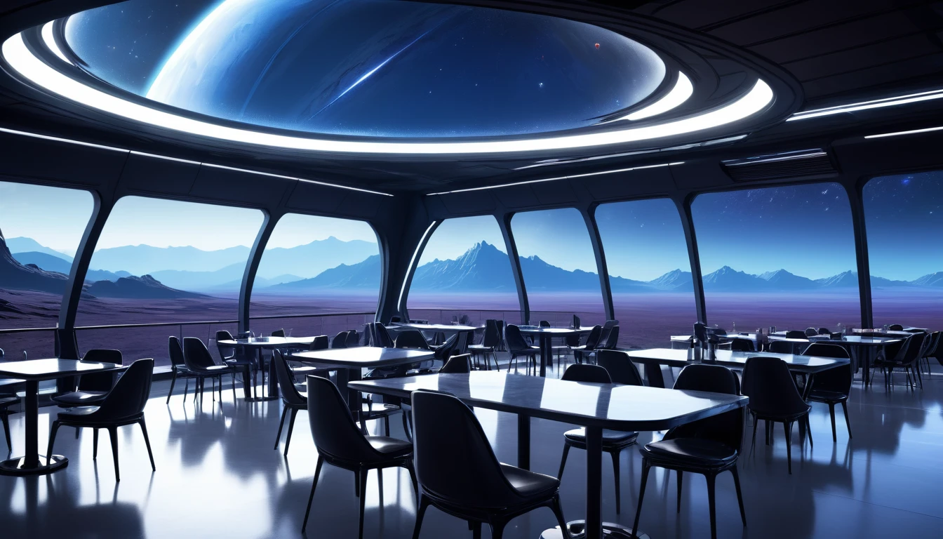 A spacious, empty cafeteria on a distant planet, featuring large windows that offer a breathtaking view of an alien landscape with distant mountains and strange flora at night. The cafeteria's futuristic design includes sleek, metallic tables and chairs, a serene atmosphere. Outside the windows is dark, hinting at the unique atmosphere of the planet.