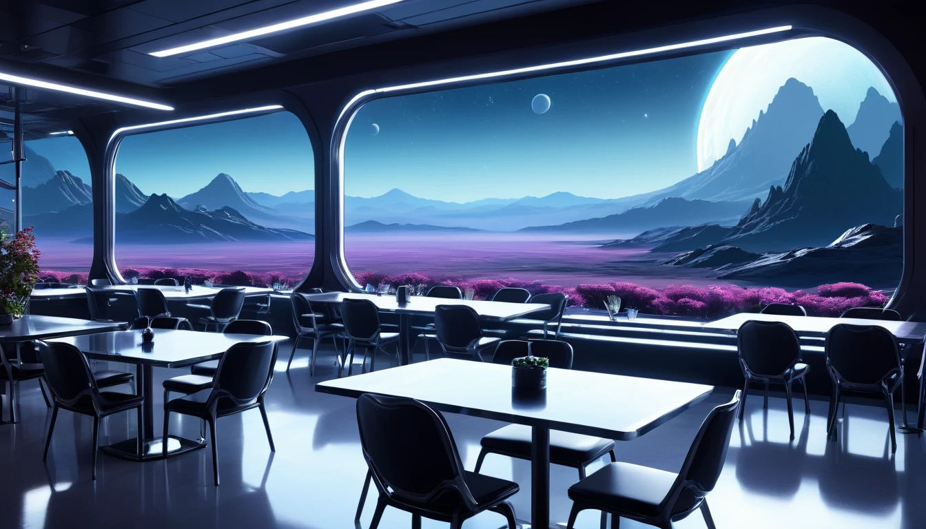 A spacious, empty cafeteria on a distant planet, featuring large windows that offer a breathtaking view of an alien landscape with distant mountains and strange flora at night. The cafeteria's futuristic design includes sleek, metallic tables and chairs, a serene atmosphere. Outside the windows is dark, hinting at the unique atmosphere of the planet.