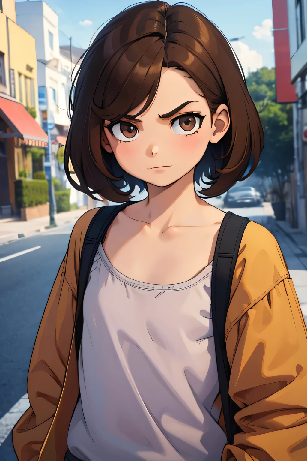 1girl, short girl, medium-length brown hair, thin, flat chest, small , tomboy look, boy clothes, serious look, not smiling, absurdres, high res, ultrasharp, 8K, masterpiece