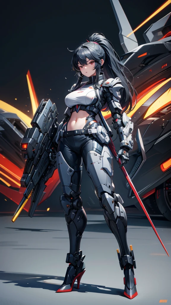 Black long hair ponytail huge mecha girl breasts，Full body black armor，helmet，slim figure，robot，mechanical joint，Thruster，high heels，front，Sci-fi punk city