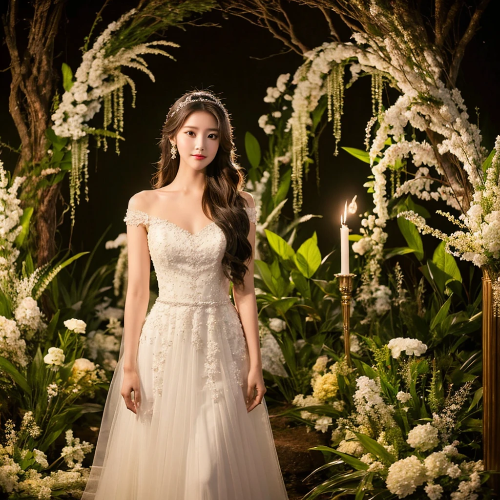 Generate an image of an extraordinarily beautiful 20-year-old Asian woman standing alone, whose beauty rivals that of a goddess of the fire element. She has large brown eyes, dark brown hair, glowing skin, and a captivating appearance. She is wearing a stunning white wedding dress that accentuates her elegance. The woman stands charmingly alone, her beauty appearing as if blessed by nature, in a very romantic and lovely aisle adorned with flowers and soft lighting, exuding a magical and serene atmosphere.