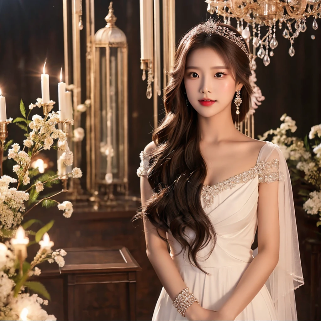 Generate an image of an extraordinarily beautiful 20-year-old Asian woman standing alone, whose beauty rivals that of a goddess of the fire element. She has large brown eyes, dark brown hair, glowing skin, and a captivating appearance. She is wearing a stunning white wedding dress that accentuates her elegance. The woman stands charmingly alone, her beauty appearing as if blessed by nature, in a very romantic and lovely aisle adorned with flowers and soft lighting, exuding a magical and serene atmosphere.