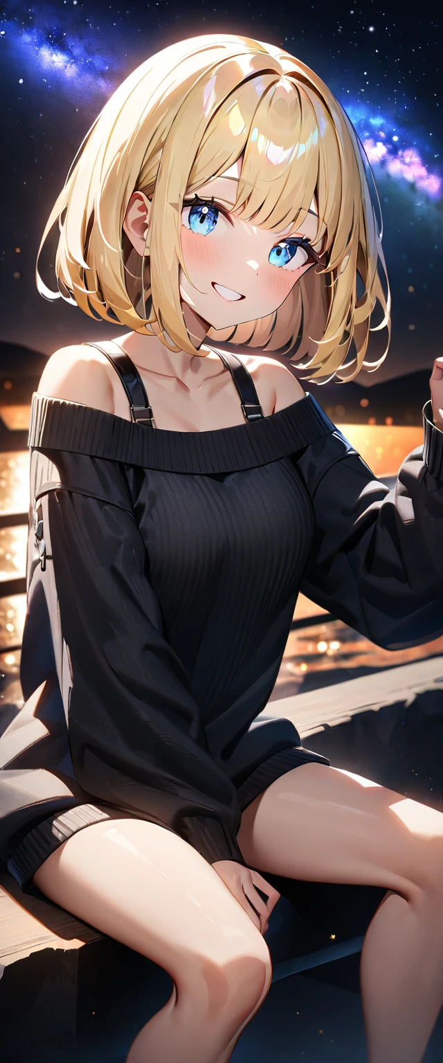 ((stick out tongue)), ((off-shoulder sweater:1.3, Quite thick shoulder straps)), ((black sweater)), ((Aran sweater)), (((bare legs))), ((((from side)))), ((Leaning to side)), (((a beautiful starry sky, the Milky Way shining beautifully in the night))), ((sitting on the very high cliff)), wavy hair, inward curled hair, sea, ((blond hair, bob cut:1.3)), breasts, ager, (looking at viewer), oversized clothes, puffy long sleeves, collarbone, head tilt:1.3, (((blue eyes))), happy smile, (((anime style))), (best quality, 4K, 8K, highres, masterpiece:1.2, ultra-detailed, ultra-detailed eyes, HDR, uhd, studio lighting, ultra-fine painting, sharp focus, physically-based rendering, extreme detail description, professional, vivid colors, bokeh)