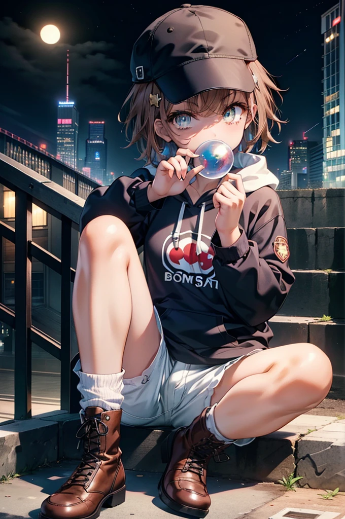 Mycotrose, Brown eyes,Brown Hair,short hair,Small breasts,Oversized black hoodie,Baseball hats,Shorts,boots,Both hands are in the pockets of the hoodie,Blowing bubble gum,Sitting on the stairs,night,moonlight,whole bodyがイラストに入るように,　　　　　　　　　　　　　　　　　 　　　break looking at viewer, whole body,　　　 　　　　　　break outdoors, Building district,　　　　　　　　　　　　　　　　　　break (masterpiece:1.2), Highest quality, High resolution, unity 8k wallpaper, (shape:0.8), (Beautiful and beautiful eyes:1.6), Highly detailed face, Perfect lighting, Highly detailed CG, (Perfect hands, Perfect Anatomy),