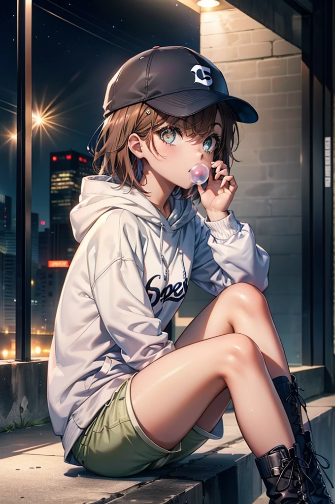 Mycotrose, Brown eyes,Brown Hair,short hair,Small breasts,Oversized black hoodie,Baseball hats,Shorts,boots,Both hands are in the pockets of the hoodie,Blowing bubble gum,Sitting on the stairs,night,moonlight,whole bodyがイラストに入るように,　　　　　　　　　　　　　　　　　 　　　break looking at viewer, whole body,　　　 　　　　　　break outdoors, Building district,　　　　　　　　　　　　　　　　　　break (masterpiece:1.2), Highest quality, High resolution, unity 8k wallpaper, (shape:0.8), (Beautiful and beautiful eyes:1.6), Highly detailed face, Perfect lighting, Highly detailed CG, (Perfect hands, Perfect Anatomy),