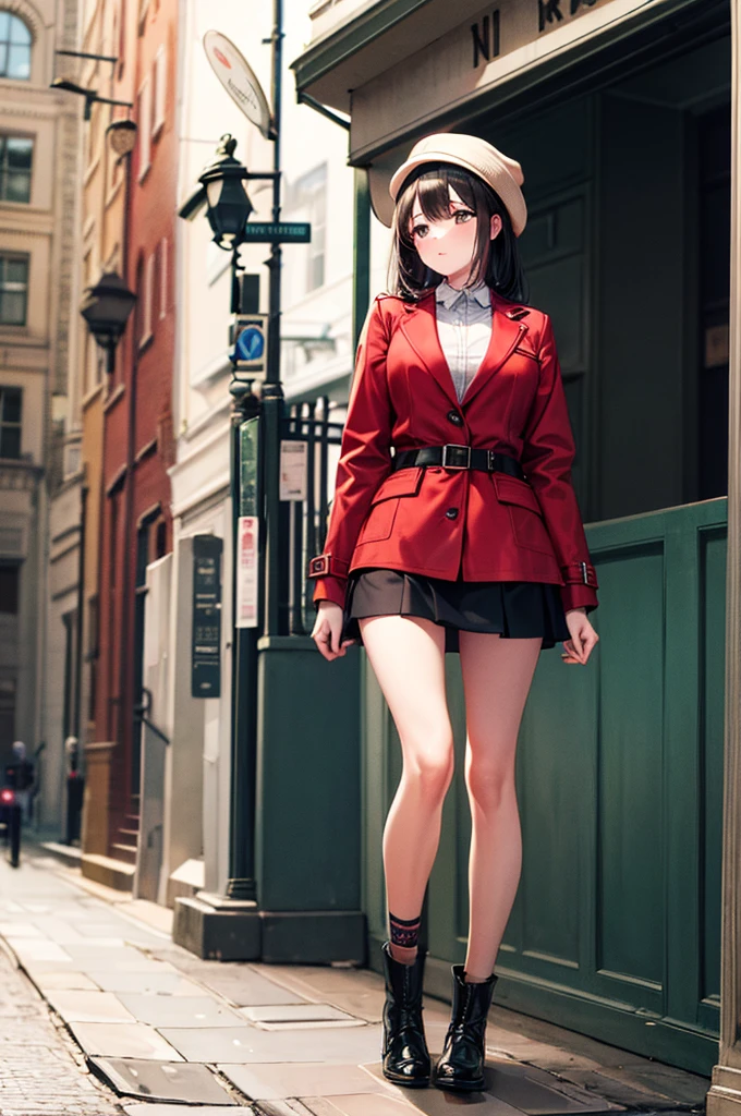 High resolution,masterpiece,Highest quality,Very detailed,One girl,city, street, Black Skirt, Red coat, 