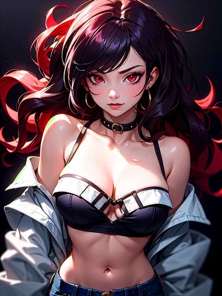((Portrait)), She has a Confident and Playful Appearance, with a Voluptuous Build and a Vibrant Aura. She Expresses a Seductive and Energetic Look, Giving Off a Charismatic and Spirited Attitude. She has Fiery Red Eyes, Her Hair is Long and Wavy, Jet Black, and Flowing Freely. She Wears a Trendy Off-Shoulder Crop Top with Denim Shorts. ((Portrait, HDR, Dark Background))