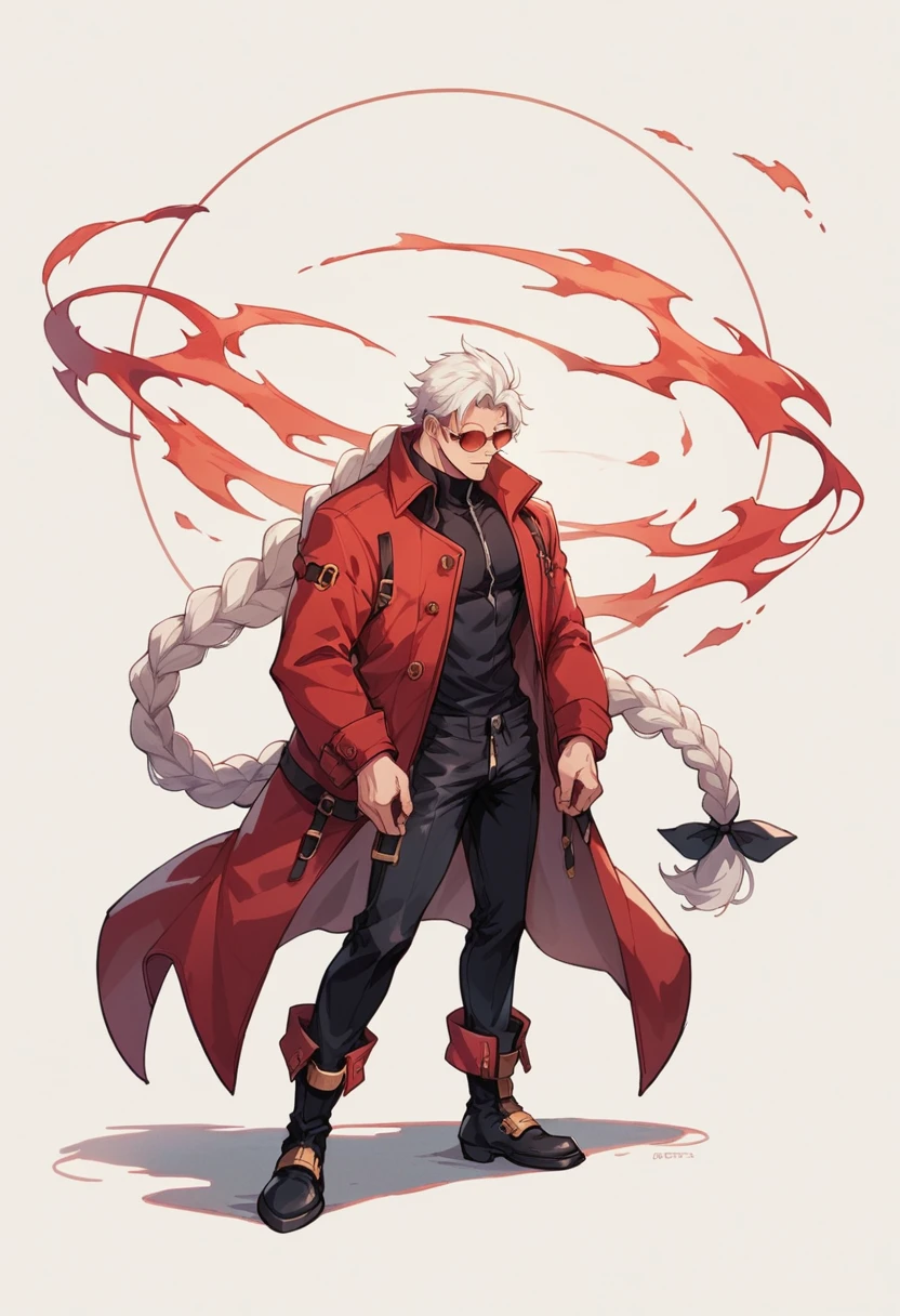 Blazblue ,human Male  ,Round red Sunglasses  , white hair,long braided ,zip Red Coat  , Black shirt ,Full body ,boots , Black Pants , ((Best design Character))