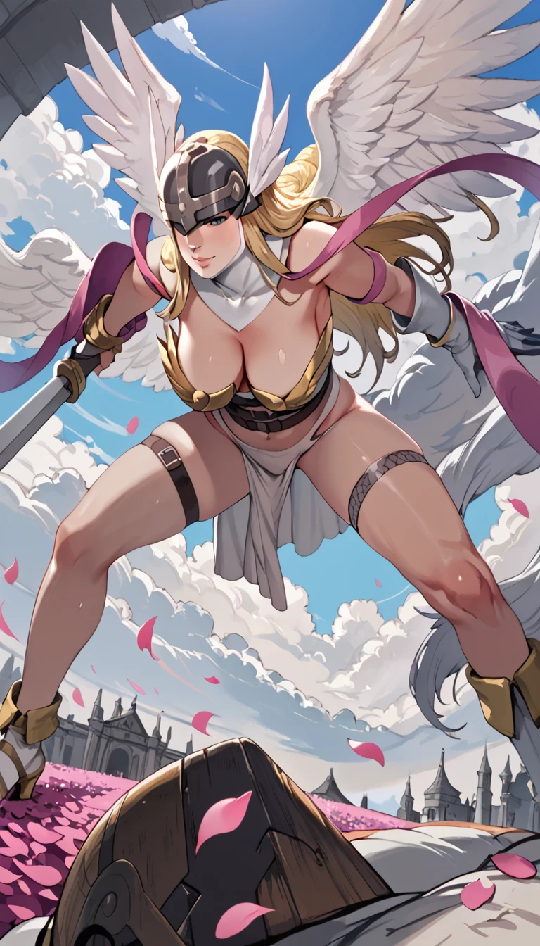 (hews art style:0.7), score_9, score_8_up, score_7_up, score_6_up, uncensored, digimon_\(creature\), angewomon, blonde hair, angel_wings, feathered_wings, winged_helmet, helmet, BREAK (masterpiece:1.2), best quality, high resolution, perfect lighting, (perfect hands, perfect anatomy), large breasts, sagging breasts, sweating, 1girl, armor, gauntlets, cloud, sky, thighhighs, solo, looking_at_viewer, holding_weapon, black_armor, petals, breastplate, standing,